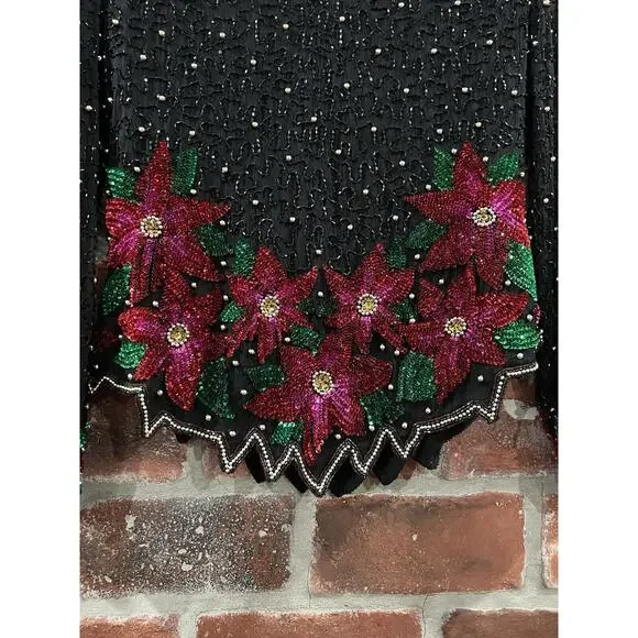 Vintage Laurence Kazar Black Beaded Silk Top Poinsettia Flowers Size Large - Picture 4 of 9